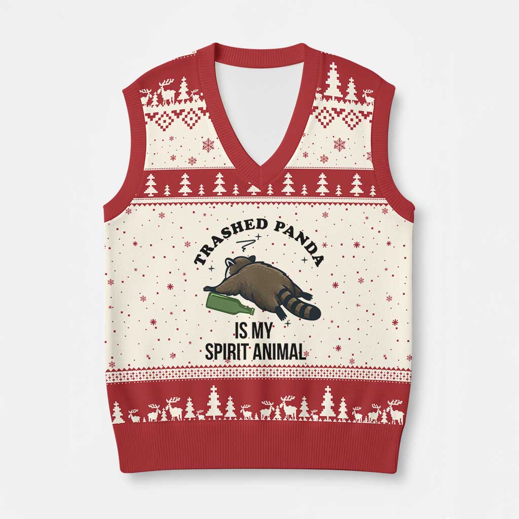 Trashed Panda Is My Spirit Animal V-Neck Knit Sweater Vest Funny Drunk Raccoon Meme for Party People Hot Mess Energy TS02 Beige Red Print Your Wear