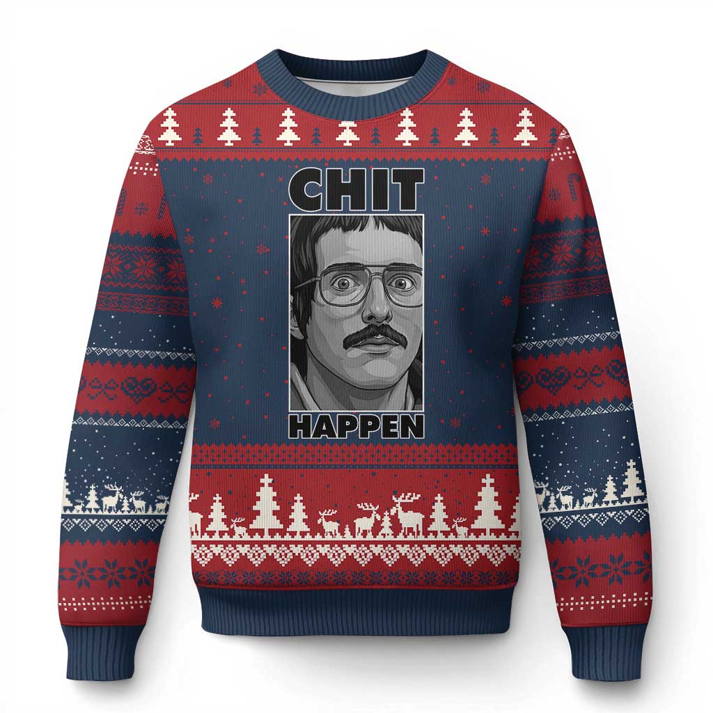 Chit Happens Meme Ugly Christmas Sweater Funny Weird Guy Meme Unhinged Humor Energy TS02 Navy Red Print Your Wear