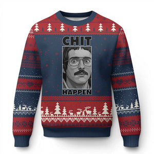 Chit Happens Meme Ugly Christmas Sweater Funny Weird Guy Meme Unhinged Humor Energy TS02 Navy Red Print Your Wear
