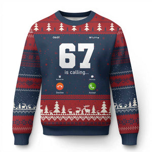 67 Is Calling Meme Ugly Christmas Sweater Funny Six Seven Phone Call Screen TS02 Navy Red Print Your Wear