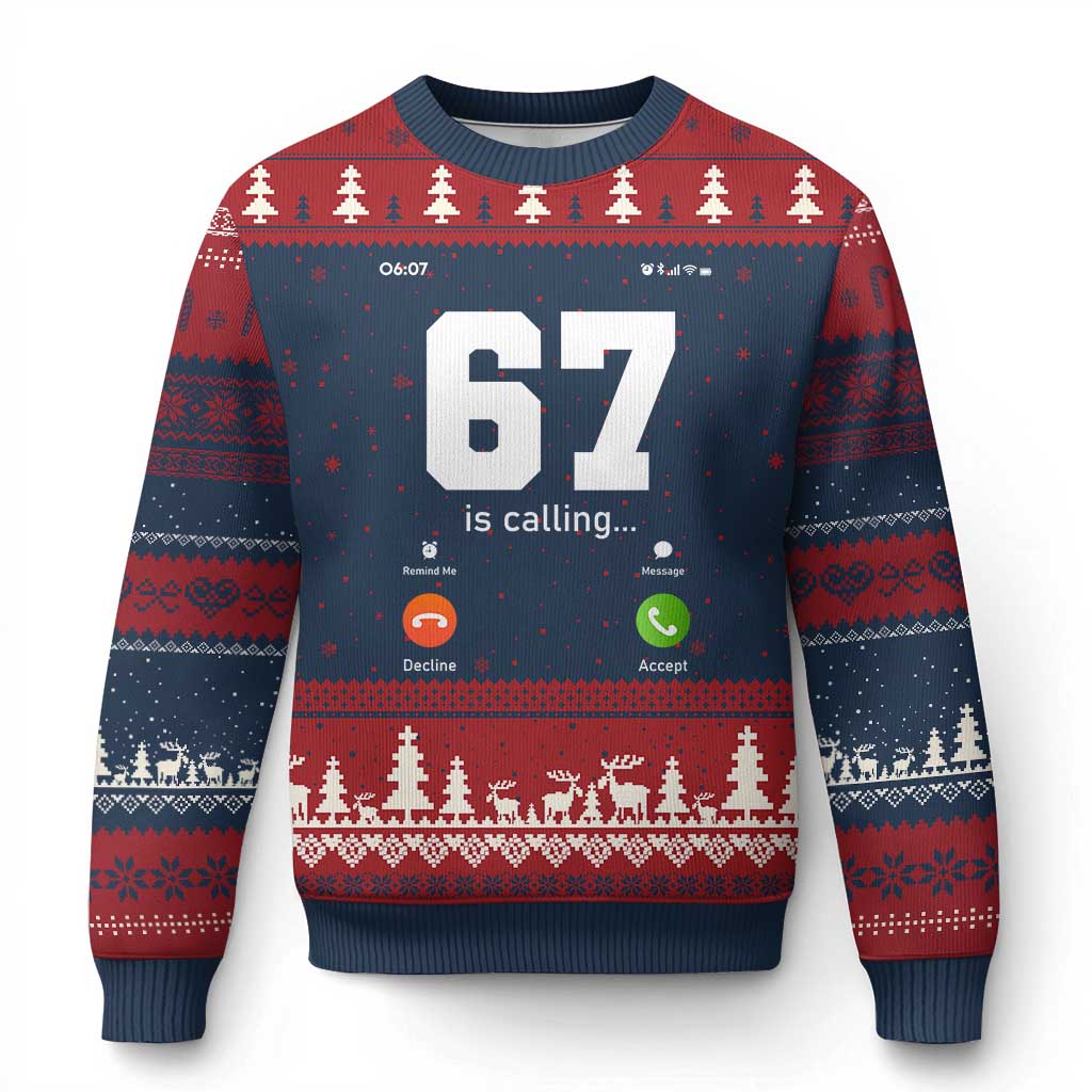 67 Is Calling Meme Ugly Christmas Sweater Funny Six Seven Phone Call Screen TS02 Navy Red Print Your Wear
