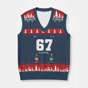 67 Is Calling Meme V-Neck Knit Sweater Vest Funny Six Seven Phone Call Screen TS02 Navy Red Print Your Wear