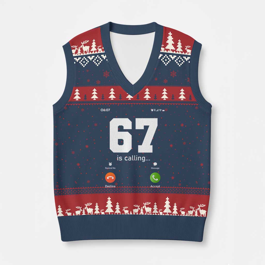 67 Is Calling Meme V-Neck Knit Sweater Vest Funny Six Seven Phone Call Screen TS02 Navy Red Print Your Wear