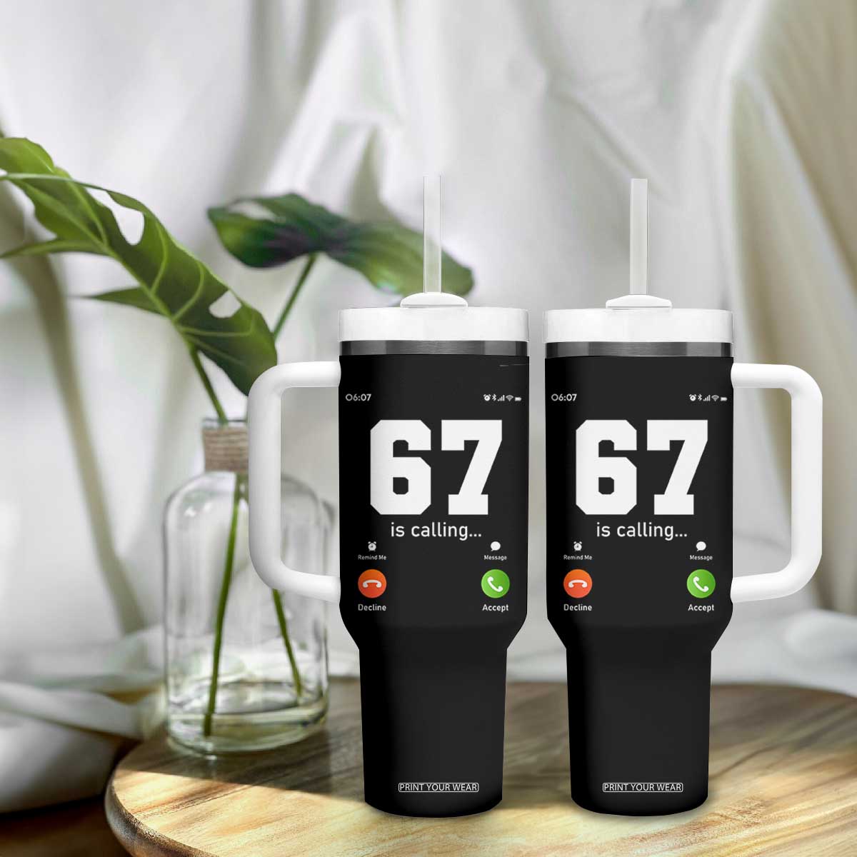 67 Is Calling Meme Tumbler With Handle Funny Six Seven Phone Call Screen TS02 Print Your Wear