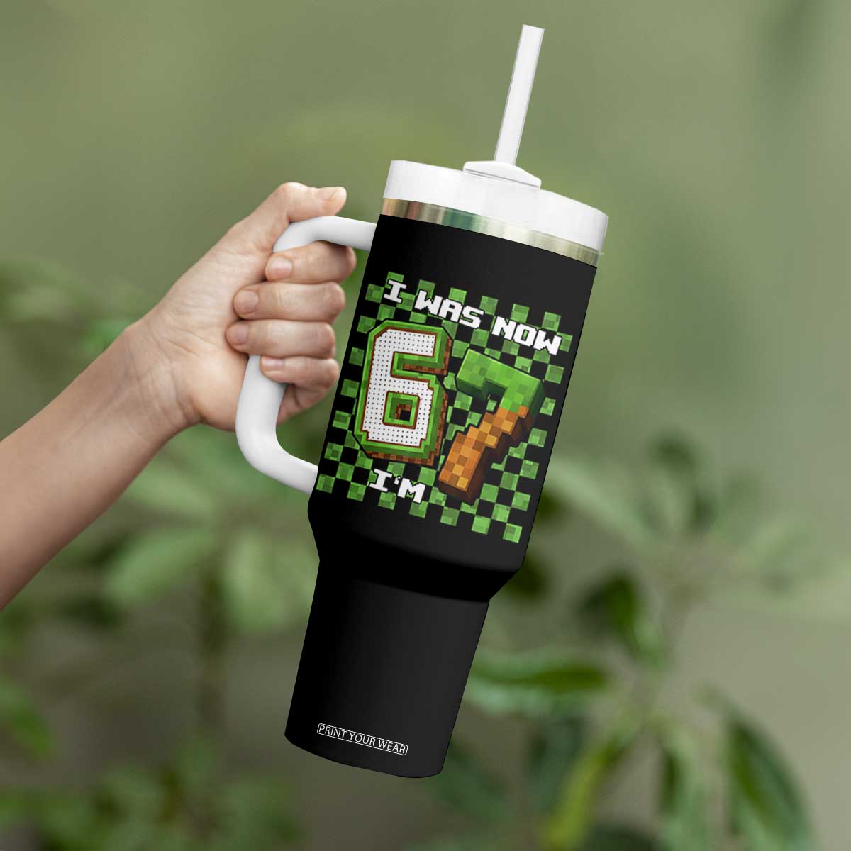 I Was 6 Now I'm 7 Birthday Meme Tumbler With Handle Pixel Style 67 Gamer Six Seven Joke TS02 Print Your Wear