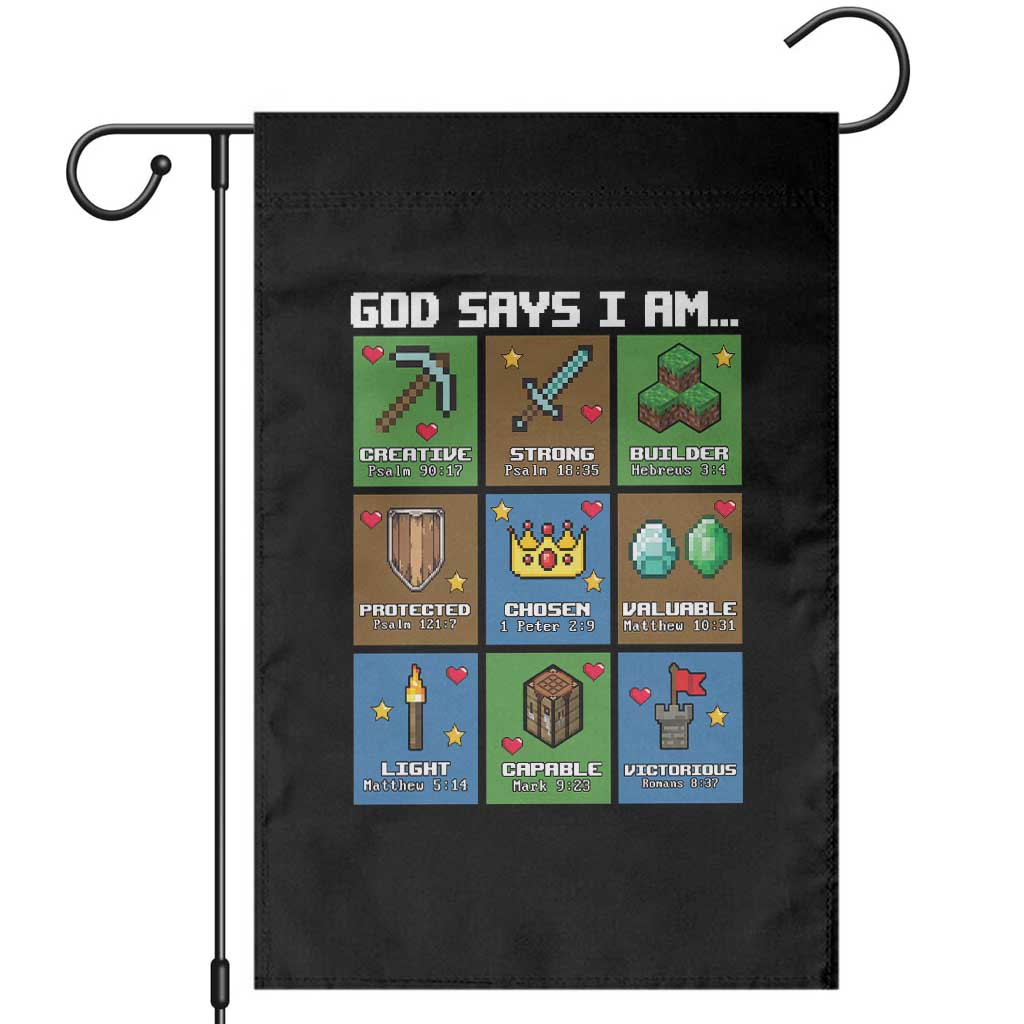 God Says I Am Pixel Art Graphic Garden Flag Christian Affirmation Gamer Bible Verses TS02 Black Print Your Wear
