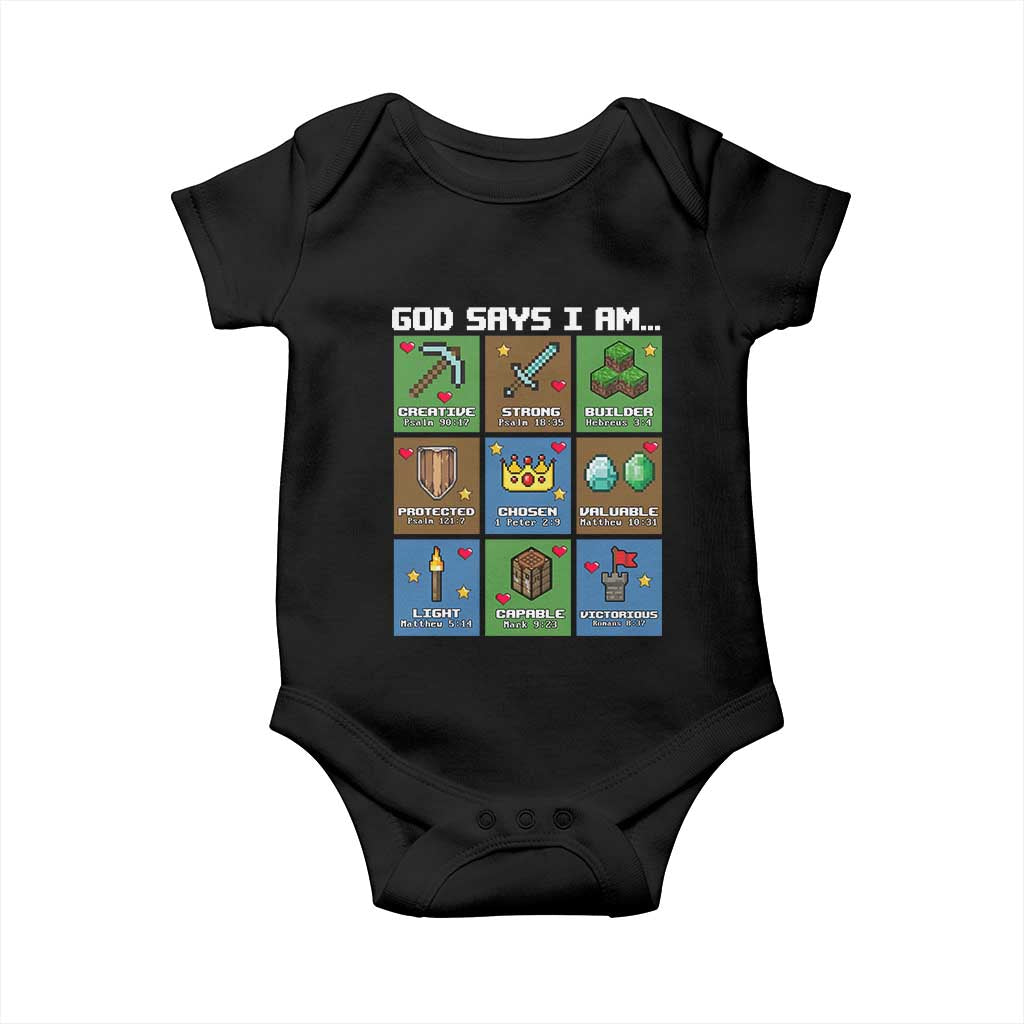 God Says I Am Pixel Art Graphic Baby Onesie Christian Affirmation Gamer Bible Verses TS02 Black Print Your Wear