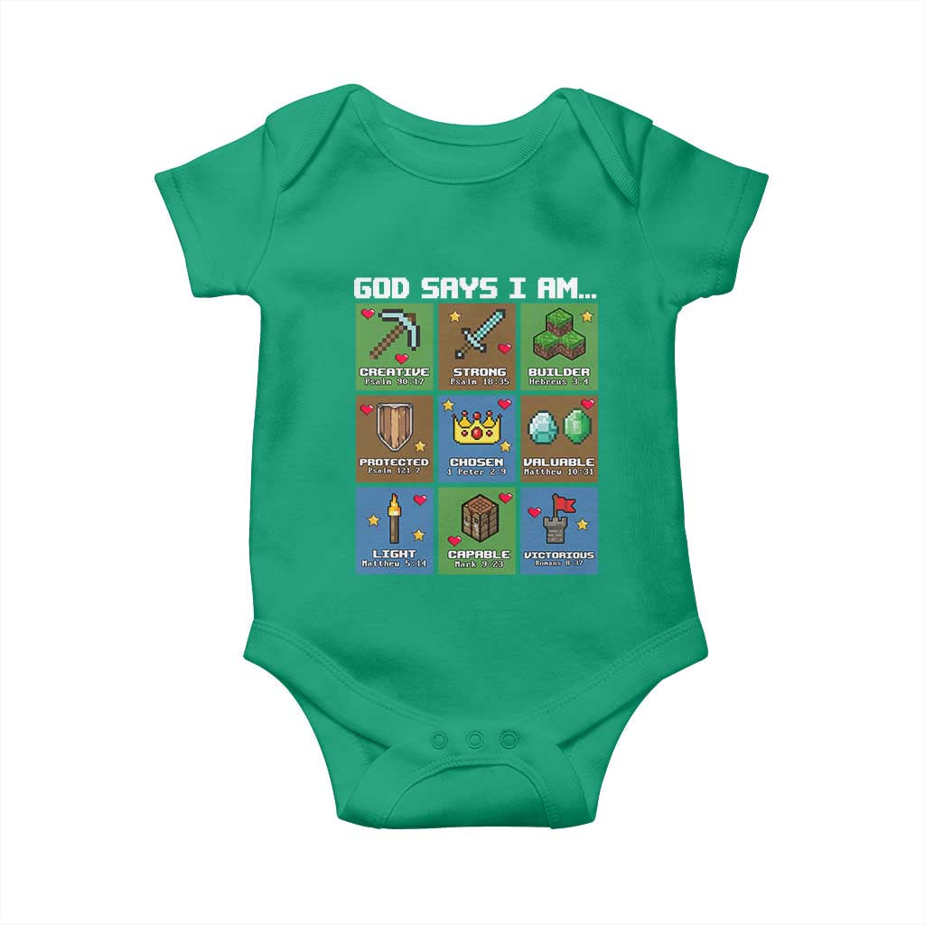 God Says I Am Pixel Art Graphic Baby Onesie Christian Affirmation Gamer Bible Verses TS02 Irish Green Print Your Wear