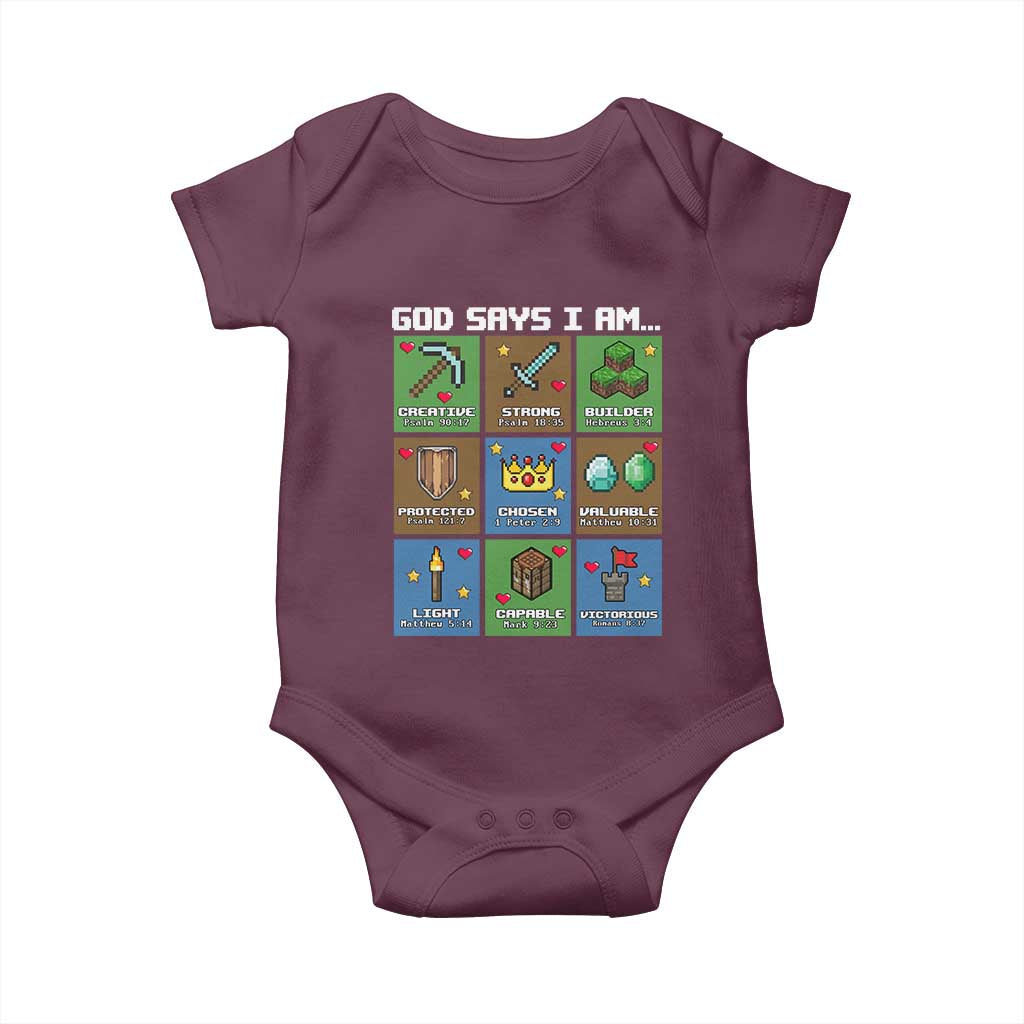 God Says I Am Pixel Art Graphic Baby Onesie Christian Affirmation Gamer Bible Verses TS02 Maroon Print Your Wear