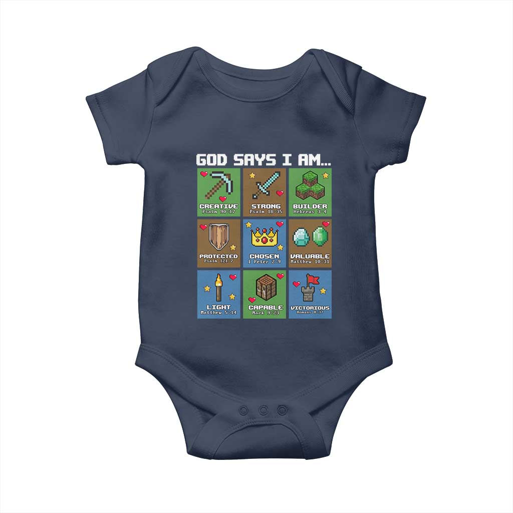 God Says I Am Pixel Art Graphic Baby Onesie Christian Affirmation Gamer Bible Verses TS02 Navy Print Your Wear