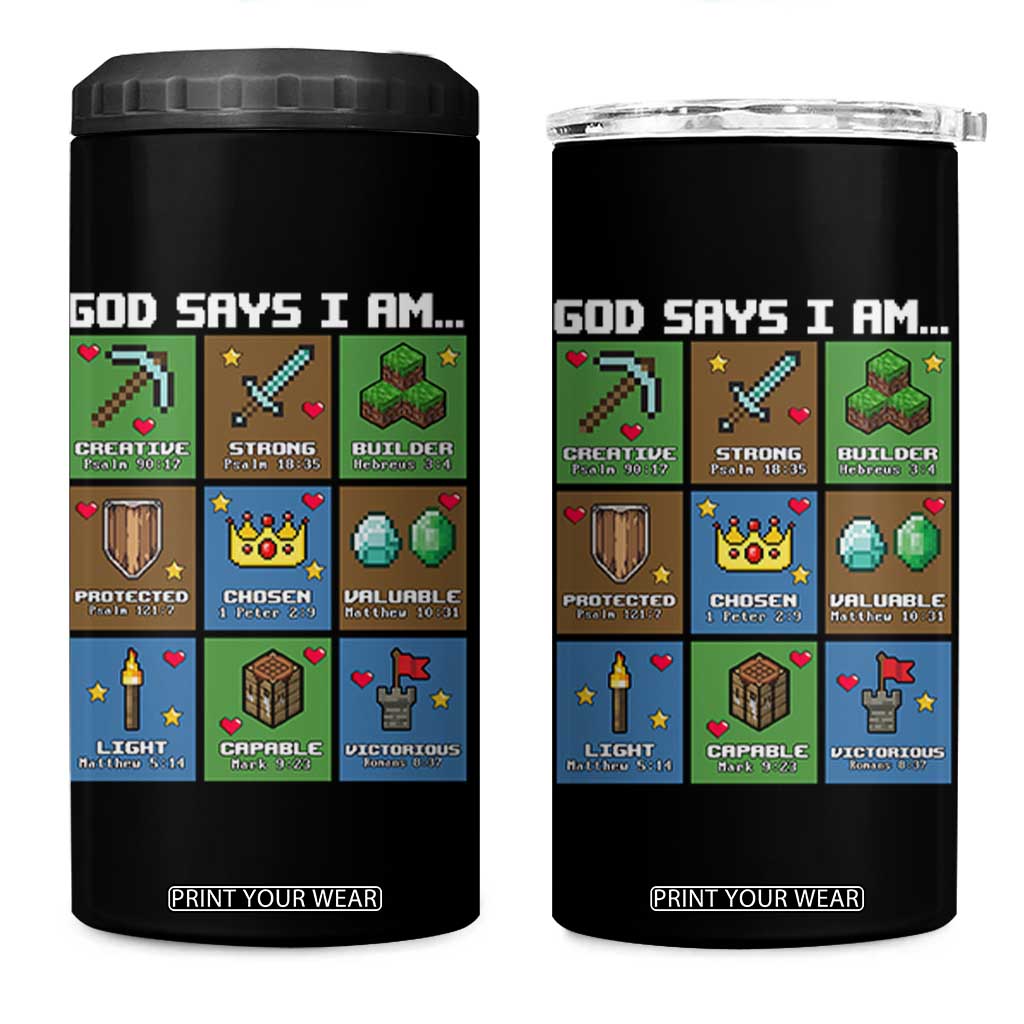 God Says I Am Pixel Art Graphic 4 in 1 Can Cooler Tumbler Christian Affirmation Gamer Bible Verses TS02 One Size: 16 oz Black Print Your Wear