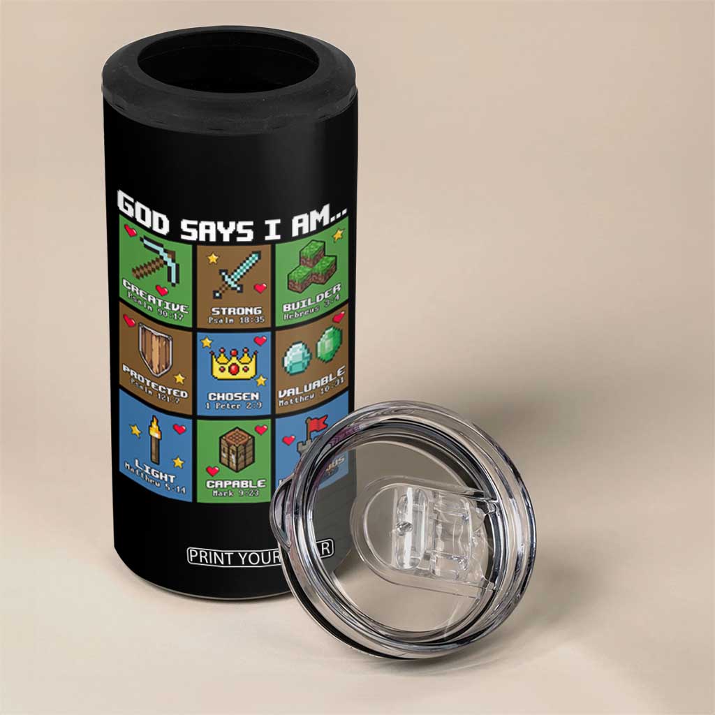 God Says I Am Pixel Art Graphic 4 in 1 Can Cooler Tumbler Christian Affirmation Gamer Bible Verses TS02 Print Your Wear
