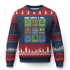 God Says I Am Pixel Art Graphic Ugly Christmas Sweater Christian Affirmation Gamer Bible Verses TS02 Navy Red Print Your Wear