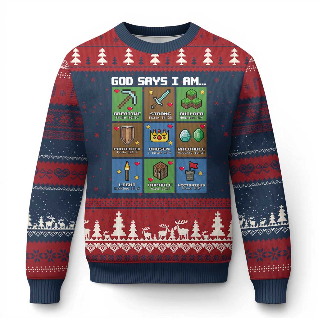 God Says I Am Pixel Art Graphic Ugly Christmas Sweater Christian Affirmation Gamer Bible Verses TS02 Navy Red Print Your Wear