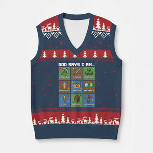 God Says I Am Pixel Art Graphic V-Neck Knit Sweater Vest Christian Affirmation Gamer Bible Verses TS02 Navy Red Print Your Wear