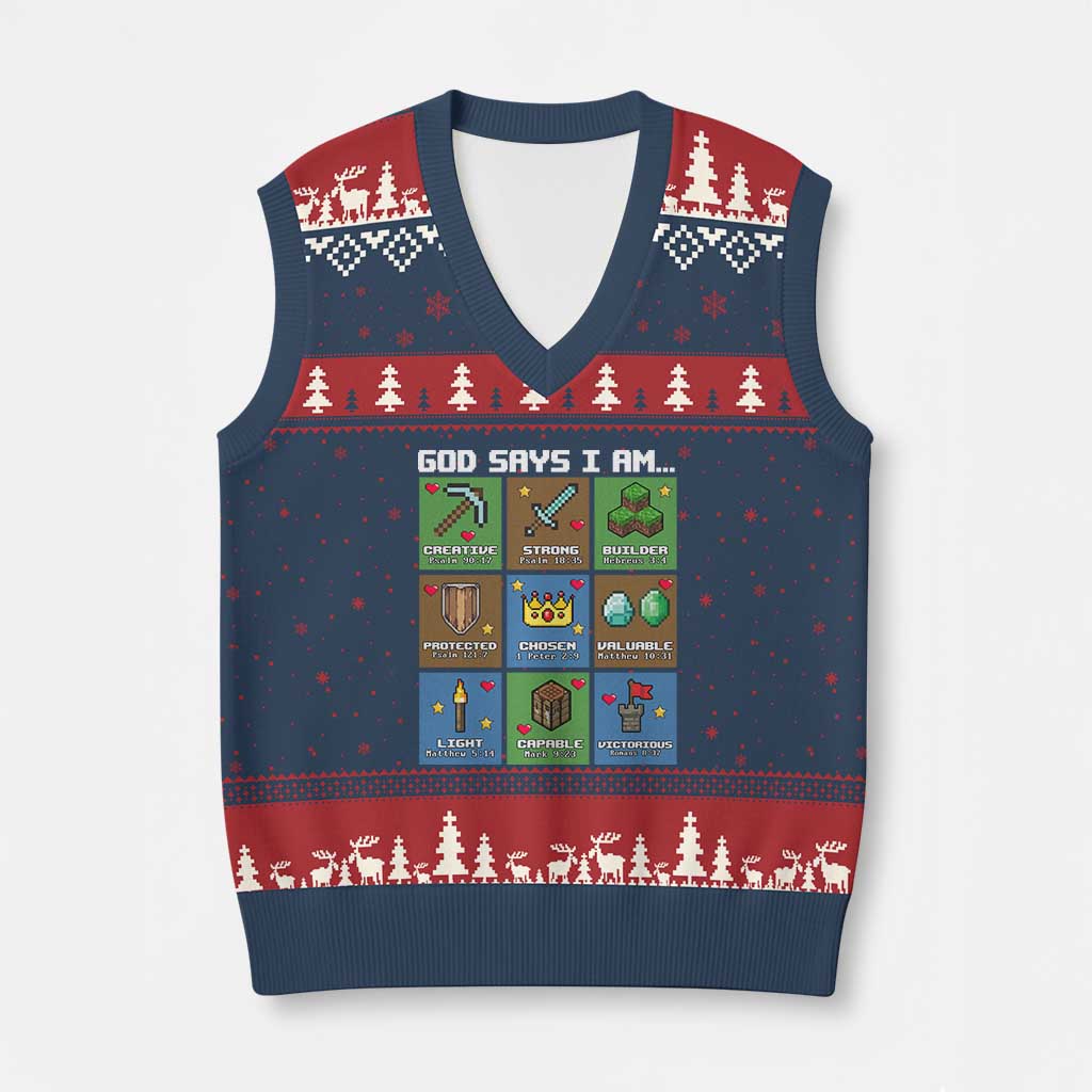God Says I Am Pixel Art Graphic V-Neck Knit Sweater Vest Christian Affirmation Gamer Bible Verses TS02 Navy Red Print Your Wear