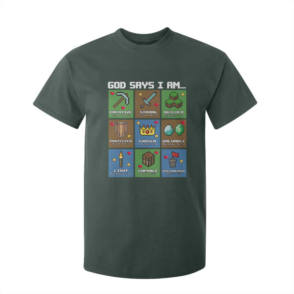 God Says I Am Pixel Art Graphic T Shirt For Kid Christian Affirmation Gamer Bible Verses TS02 Dark Forest Green Print Your Wear