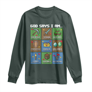 God Says I Am Pixel Art Graphic Long Sleeve Shirt Christian Affirmation Gamer Bible Verses TS02 Dark Forest Green Print Your Wear