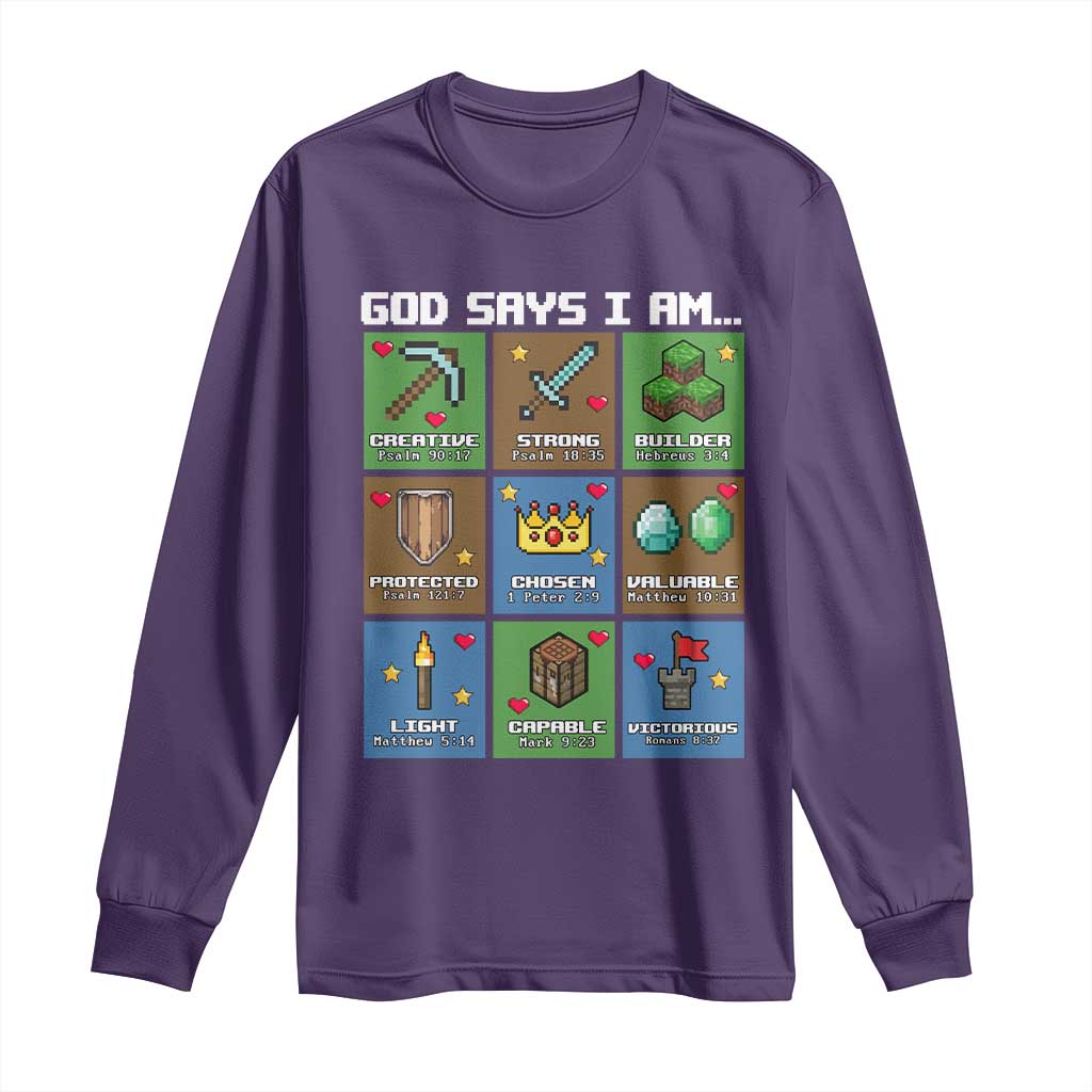 God Says I Am Pixel Art Graphic Long Sleeve Shirt Christian Affirmation Gamer Bible Verses TS02 Purple Print Your Wear