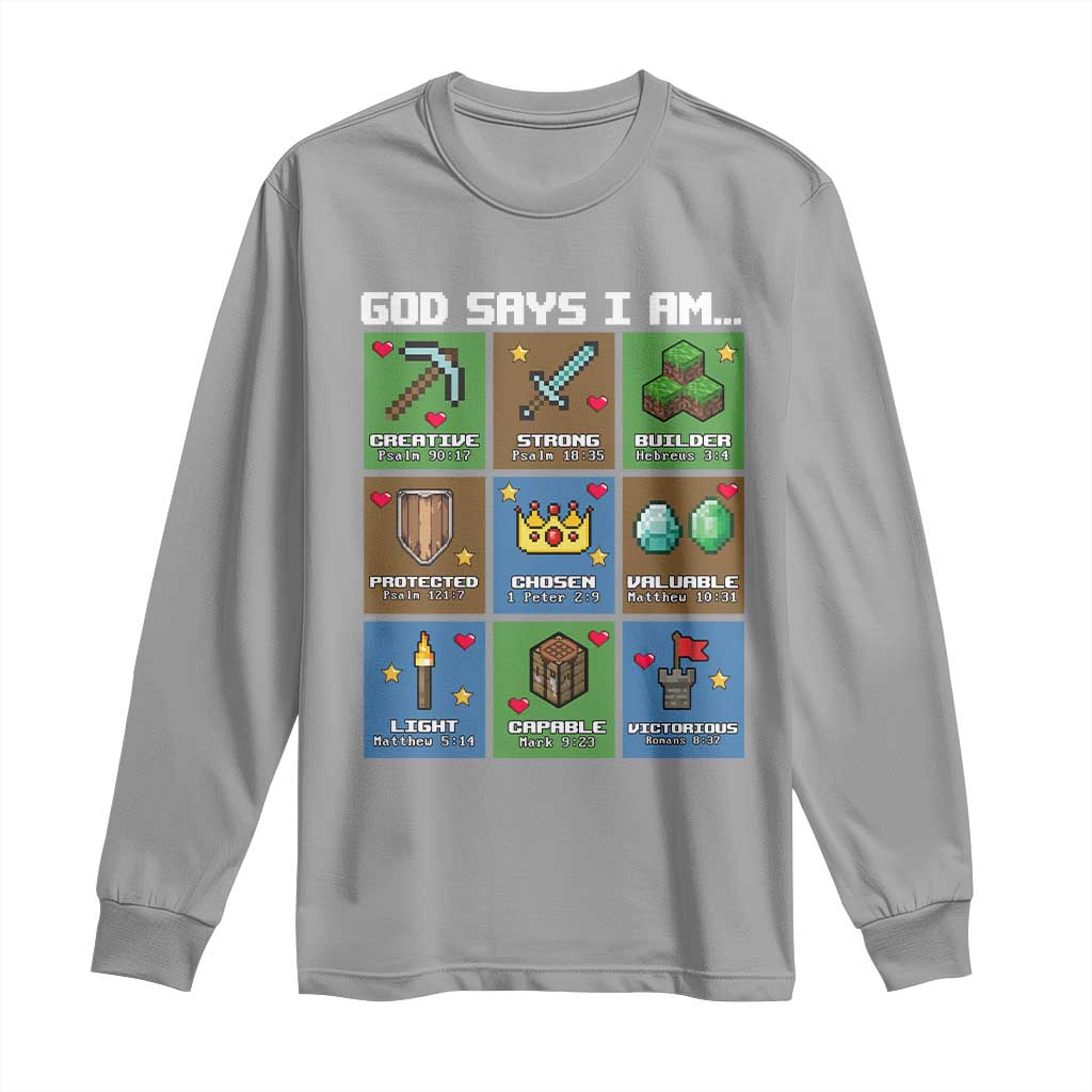 God Says I Am Pixel Art Graphic Long Sleeve Shirt Christian Affirmation Gamer Bible Verses TS02 Sport Gray Print Your Wear