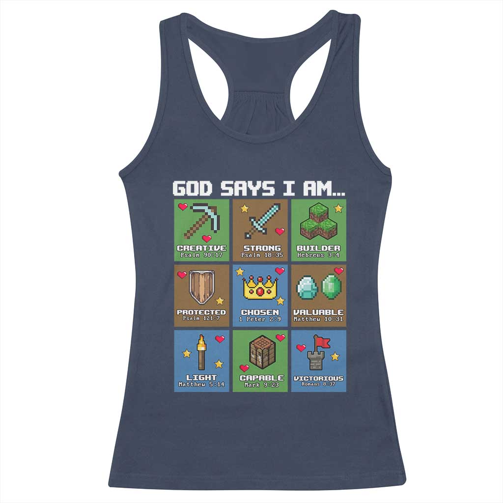 God Says I Am Pixel Art Graphic Racerback Tank Top Christian Affirmation Gamer Bible Verses TS02 Navy Print Your Wear