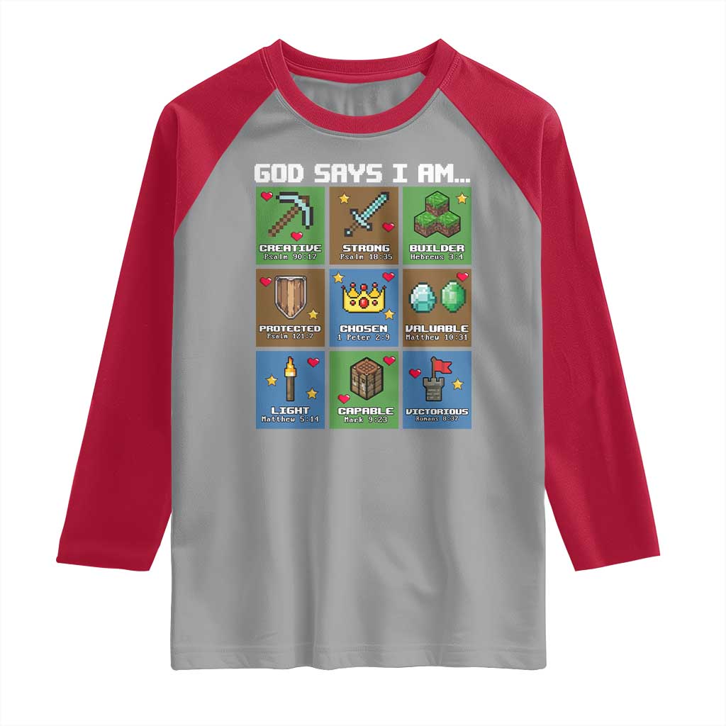 God Says I Am Pixel Art Graphic Raglan Shirt Christian Affirmation Gamer Bible Verses TS02 Sport Gray Red Print Your Wear