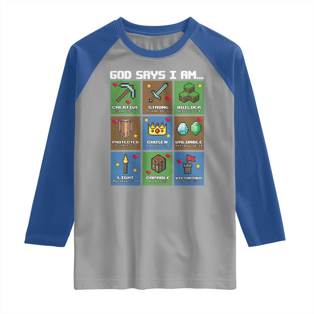 God Says I Am Pixel Art Graphic Raglan Shirt Christian Affirmation Gamer Bible Verses TS02 Sport Gray Royal Print Your Wear