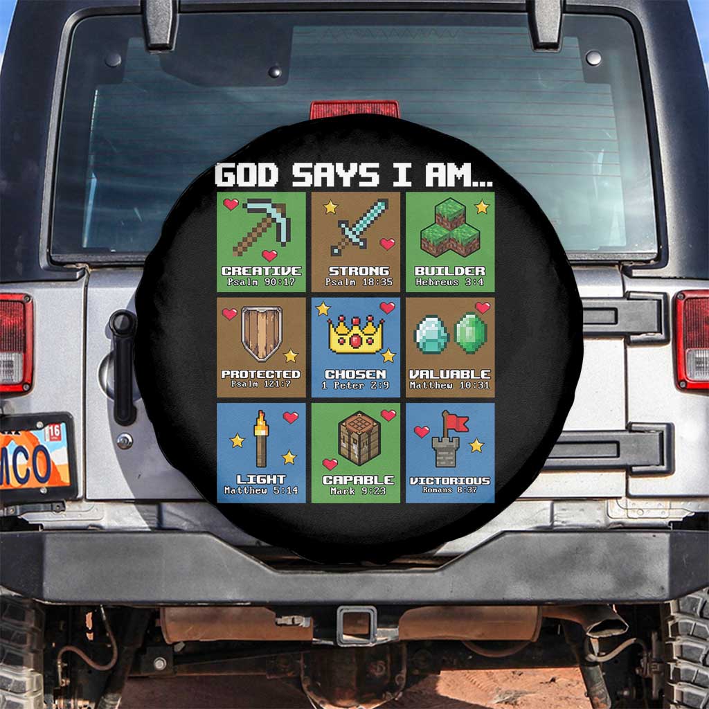 God Says I Am Pixel Art Graphic Spare Tire Cover Christian Affirmation Gamer Bible Verses TS02 No hole Black Print Your Wear