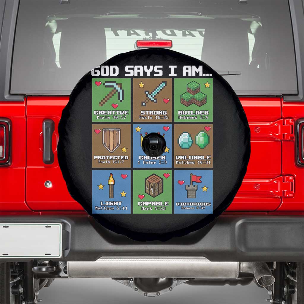 God Says I Am Pixel Art Graphic Spare Tire Cover Christian Affirmation Gamer Bible Verses TS02 Black Print Your Wear
