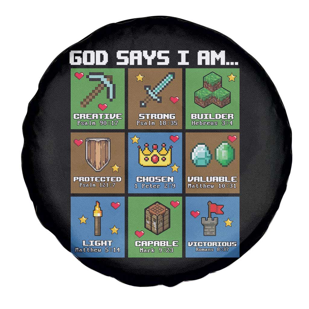 God Says I Am Pixel Art Graphic Spare Tire Cover Christian Affirmation Gamer Bible Verses TS02 Print Your Wear