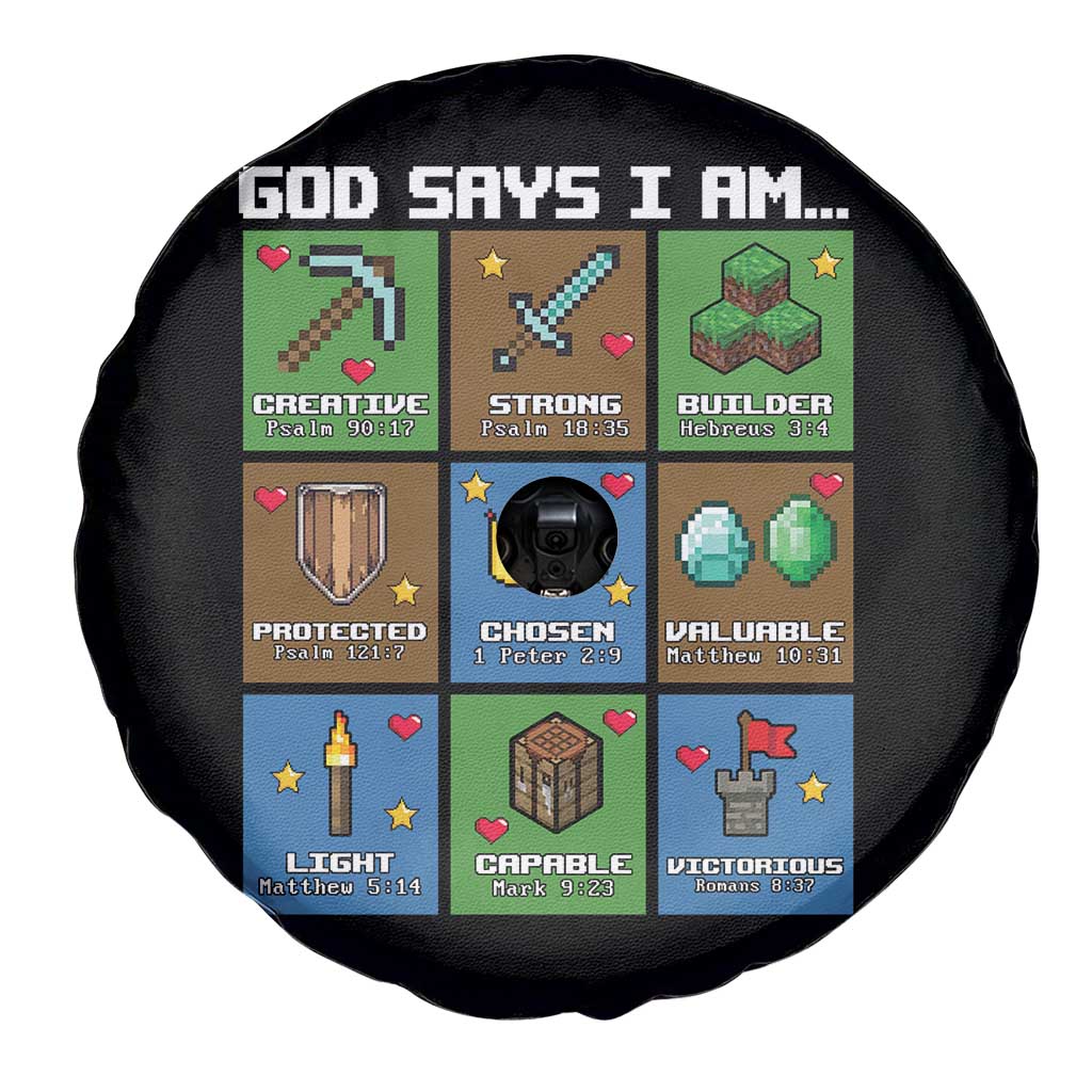 God Says I Am Pixel Art Graphic Spare Tire Cover Christian Affirmation Gamer Bible Verses TS02 Print Your Wear