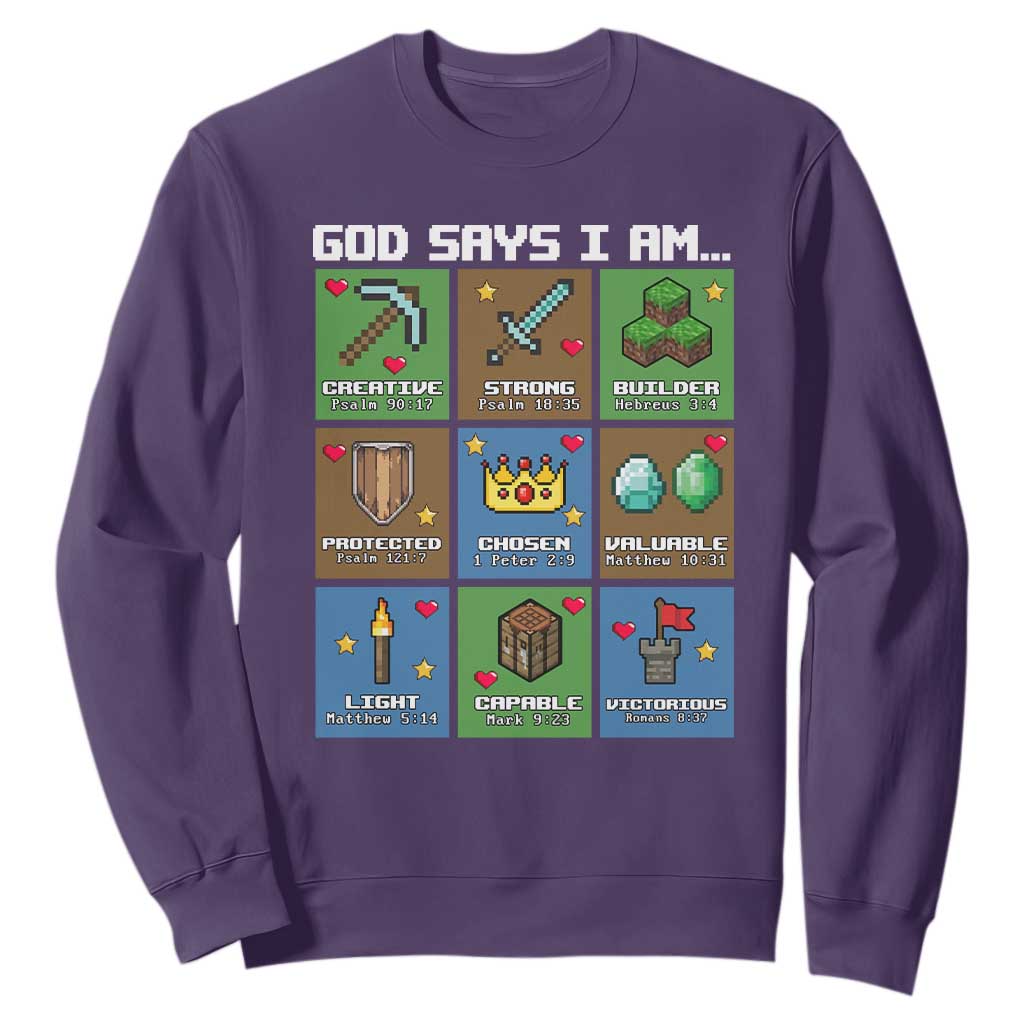 God Says I Am Pixel Art Graphic Sweatshirt Christian Affirmation Gamer Bible Verses TS02 Purple Print Your Wear