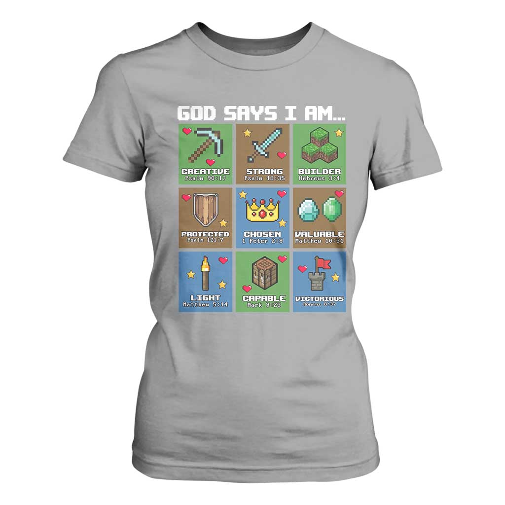 God Says I Am Pixel Art Graphic T Shirt For Women Christian Affirmation Gamer Bible Verses TS02 Sport Gray Print Your Wear
