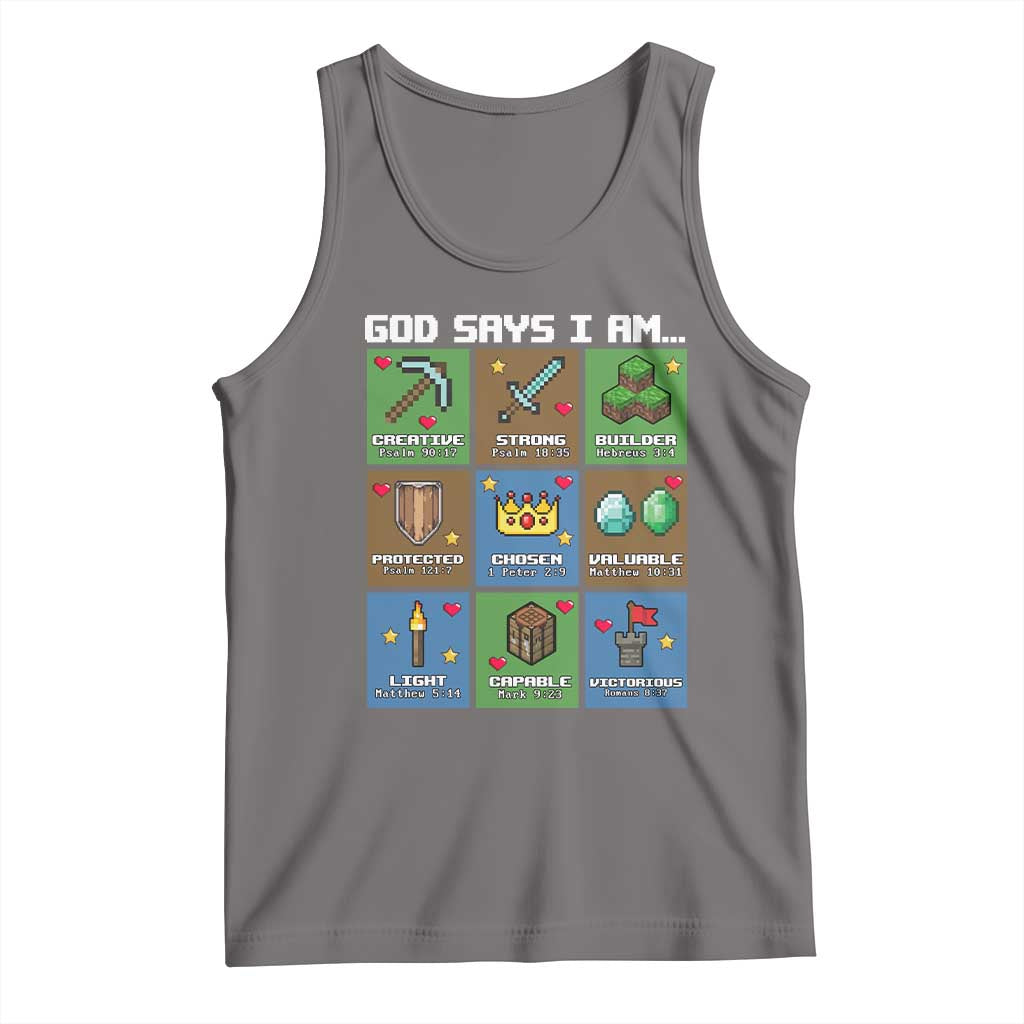 God Says I Am Pixel Art Graphic Tank Top Christian Affirmation Gamer Bible Verses TS02 Deep Heather Print Your Wear