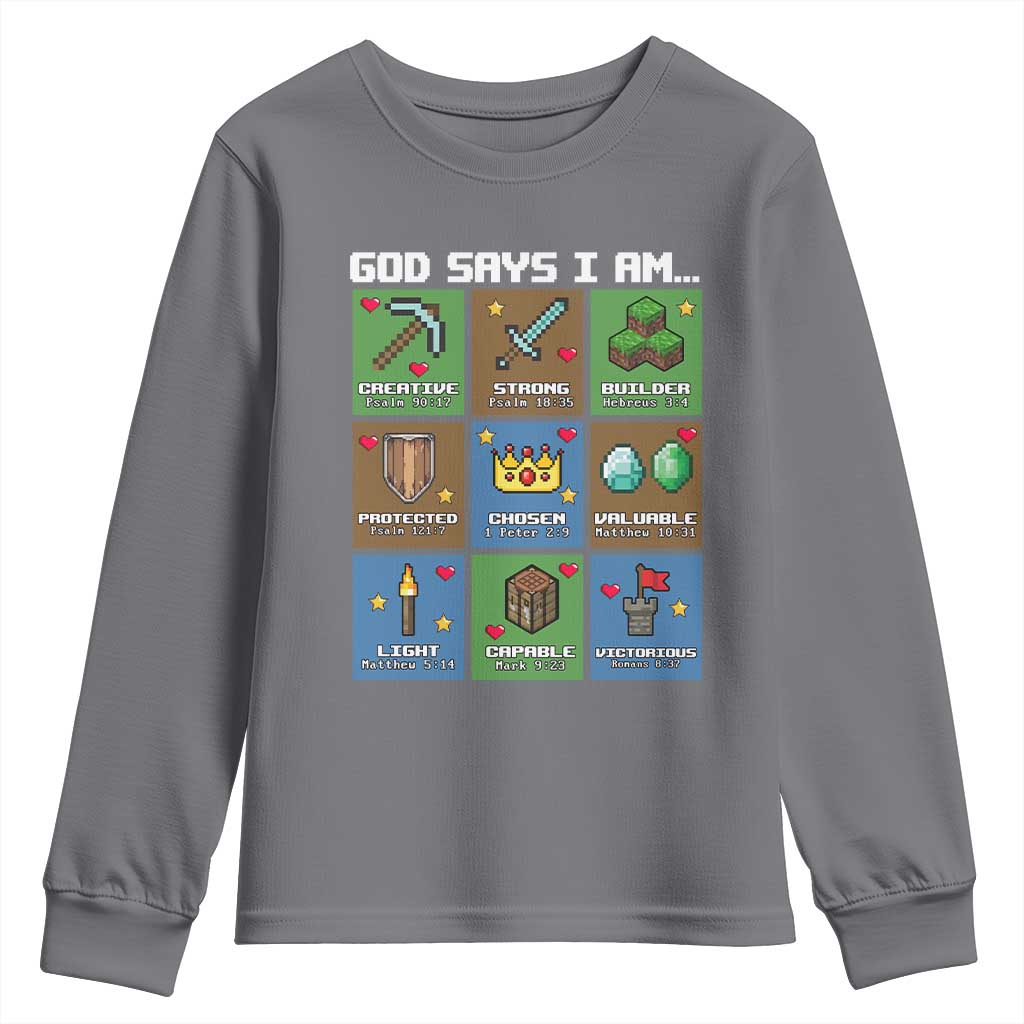 God Says I Am Pixel Art Graphic Youth Sweatshirt Christian Affirmation Gamer Bible Verses TS02 Charcoal Print Your Wear
