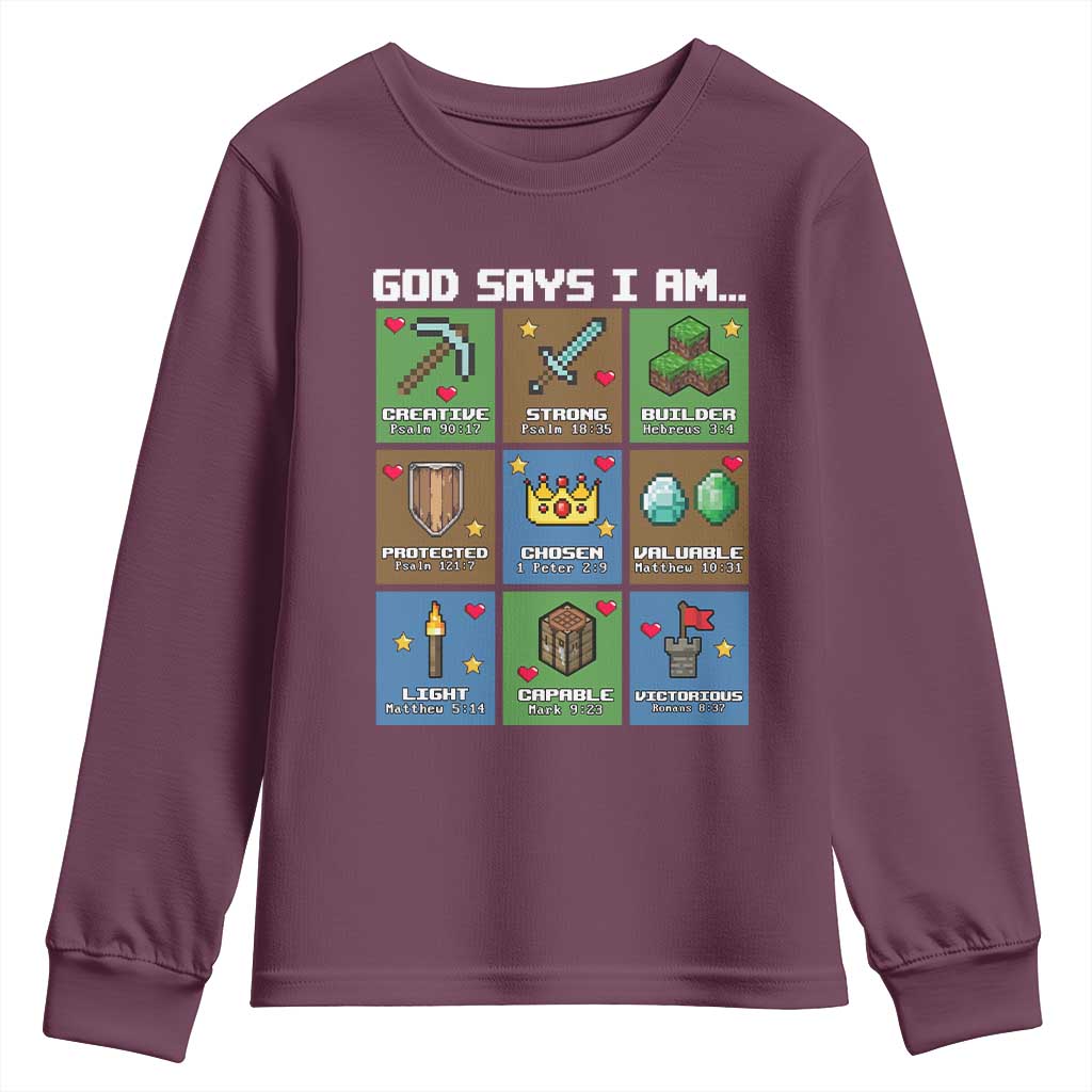 God Says I Am Pixel Art Graphic Youth Sweatshirt Christian Affirmation Gamer Bible Verses TS02 Maroon Print Your Wear