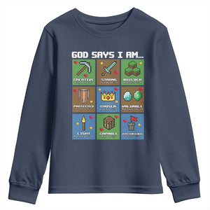 God Says I Am Pixel Art Graphic Youth Sweatshirt Christian Affirmation Gamer Bible Verses TS02 Navy Print Your Wear