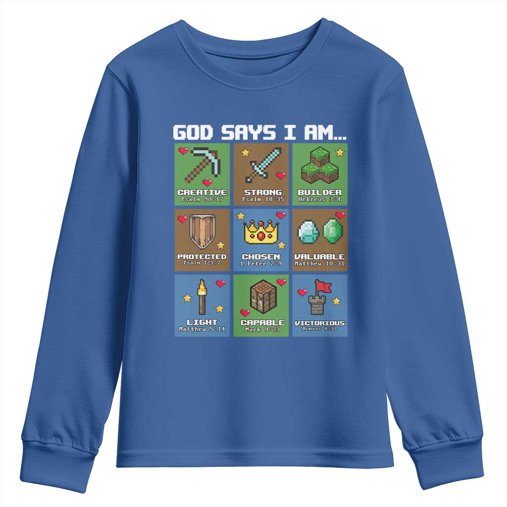 God Says I Am Pixel Art Graphic Youth Sweatshirt Christian Affirmation Gamer Bible Verses TS02 Royal Blue Print Your Wear