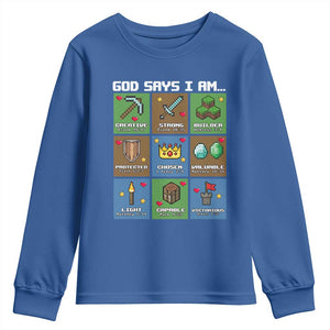 God Says I Am Pixel Art Graphic Youth Sweatshirt Christian Affirmation Gamer Bible Verses TS02 Royal Blue Print Your Wear