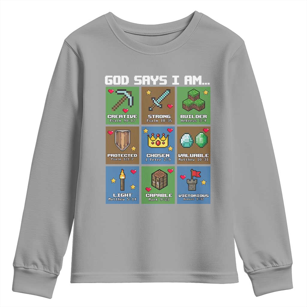 God Says I Am Pixel Art Graphic Youth Sweatshirt Christian Affirmation Gamer Bible Verses TS02 Sport Gray Print Your Wear
