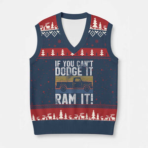 If You Cant Dodge It Ram It Retro Truck Meme V-Neck Knit Sweater Vest for Gearheads Country Road Warriors TS02 Navy Red Print Your Wear