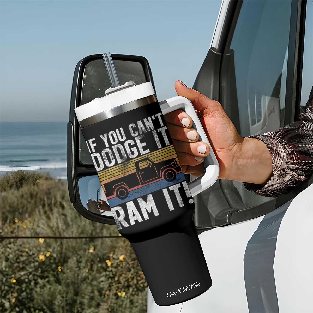 If You Cant Dodge It Ram It Retro Truck Meme Tumbler With Handle for Gearheads Country Road Warriors TS02 Print Your Wear