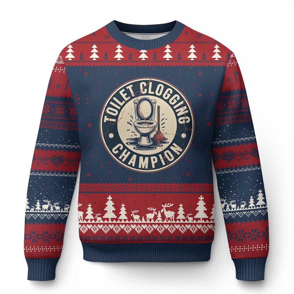 Funny Toilet Clogging Champion Badge Meme Ugly Christmas Sweater for Poop Legends Gut Bomb Gladiators TS02 Navy Red Print Your Wear