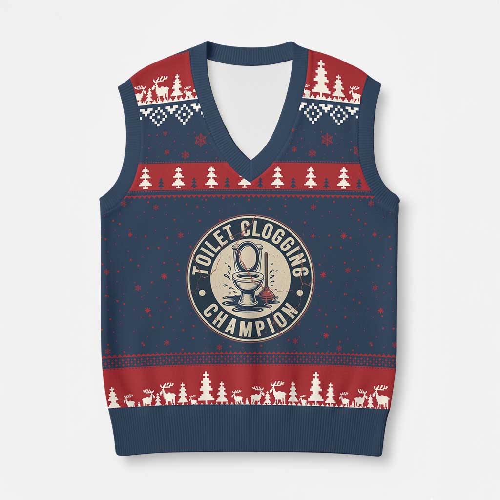 Funny Toilet Clogging Champion Badge Meme V-Neck Knit Sweater Vest for Poop Legends Gut Bomb Gladiators TS02 Navy Red Print Your Wear
