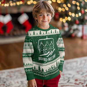 Funny Snowboarding Board Meeting Ugly Christmas Sweater Chairlift Snowboarders Powder Junkies TS02 Forest Green Beige Print Your Wear