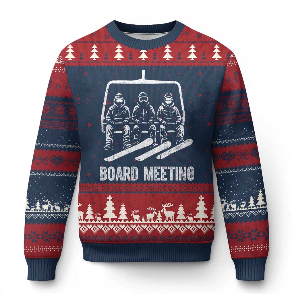 Funny Snowboarding Board Meeting Ugly Christmas Sweater Chairlift Snowboarders Powder Junkies TS02 Navy Red Print Your Wear
