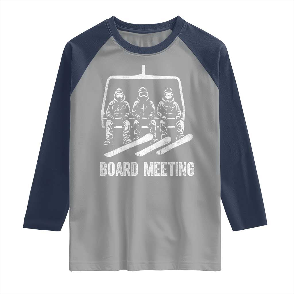Funny Snowboarding Board Meeting Raglan Shirt Chairlift Snowboarders Powder Junkies TS02 Sport Gray Navy Print Your Wear