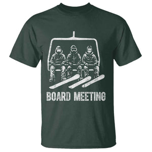 Funny Snowboarding Board Meeting T Shirt Chairlift Snowboarders Powder Junkies TS02 Dark Forest Green Print Your Wear