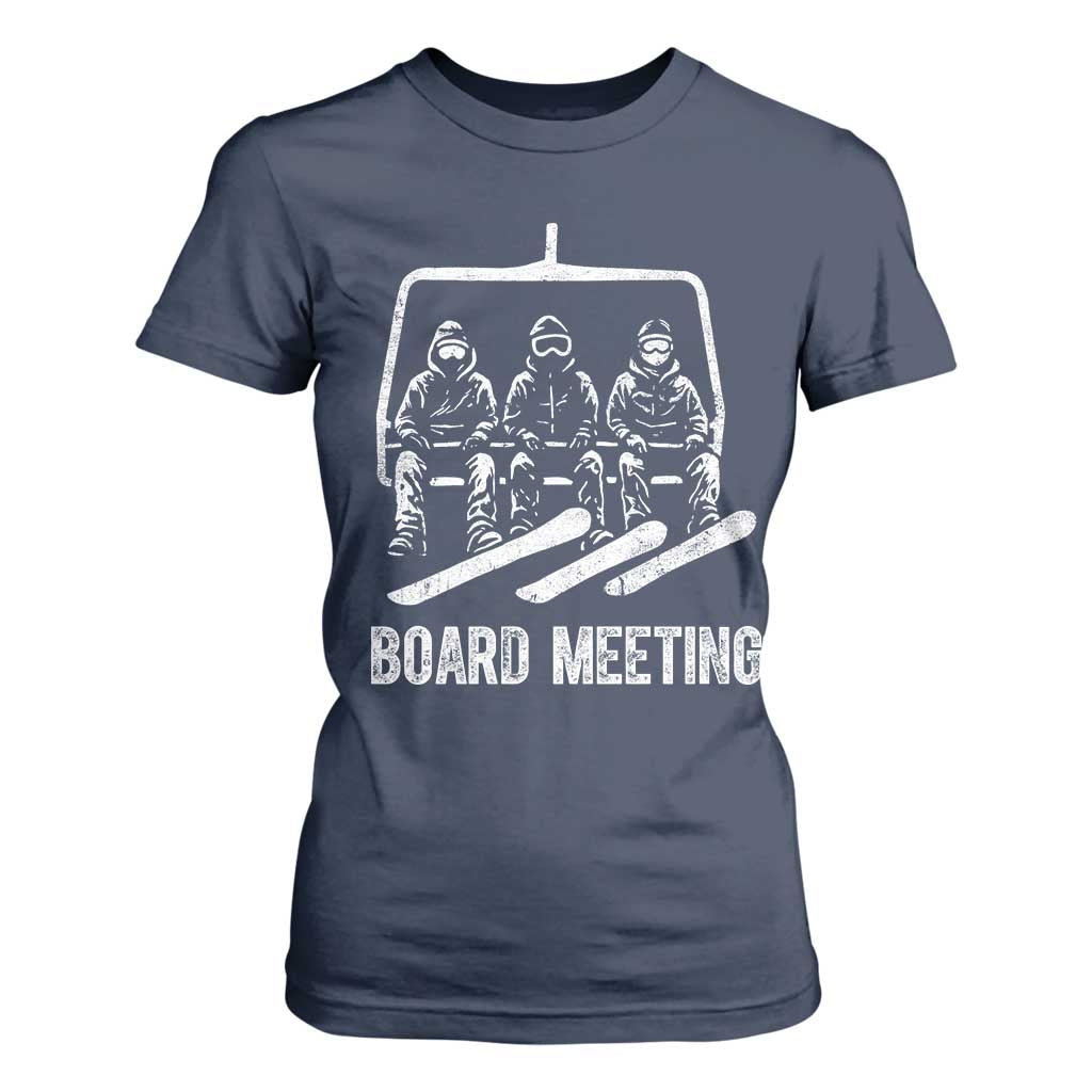 Funny Snowboarding Board Meeting T Shirt For Women Chairlift Snowboarders Powder Junkies TS02 Navy Print Your Wear