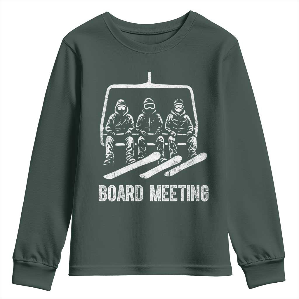 Funny Snowboarding Board Meeting Youth Sweatshirt Chairlift Snowboarders Powder Junkies TS02 Dark Forest Green Print Your Wear